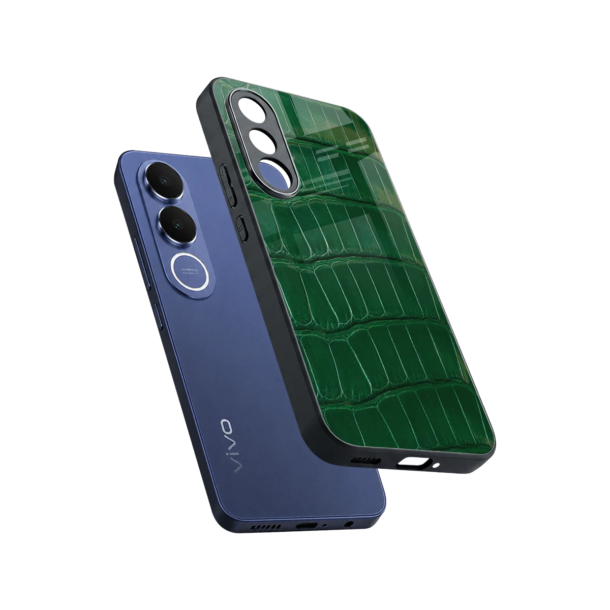 Croco Green sleek vivo v70 fe cover with tempered glass back and TPU edges