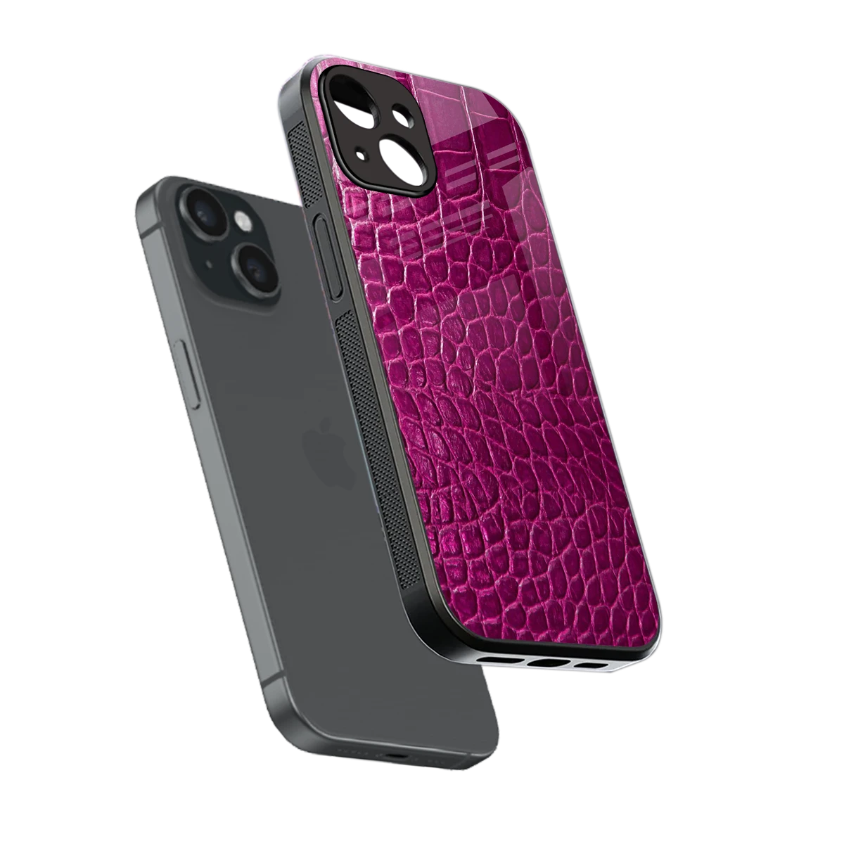 Croco Pink sleek iphone 15 cover with tempered glass back and TPU edges
