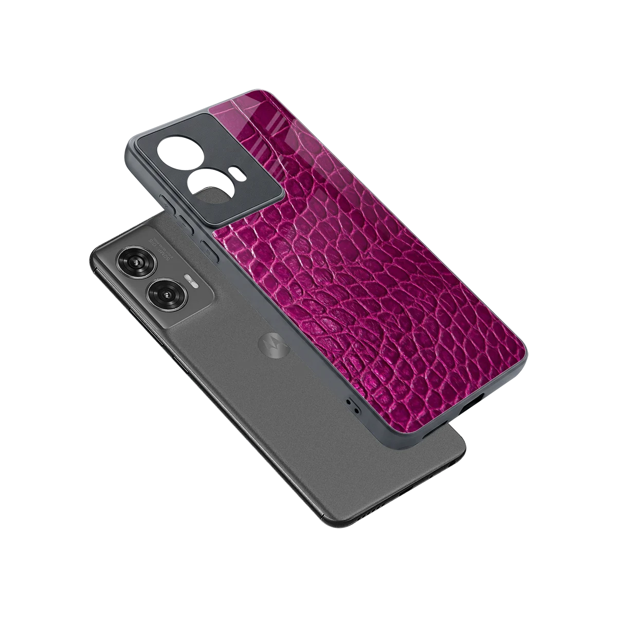 Croco Pink sleek motorola edge 50 fusion cover with tempered glass back and TPU edges