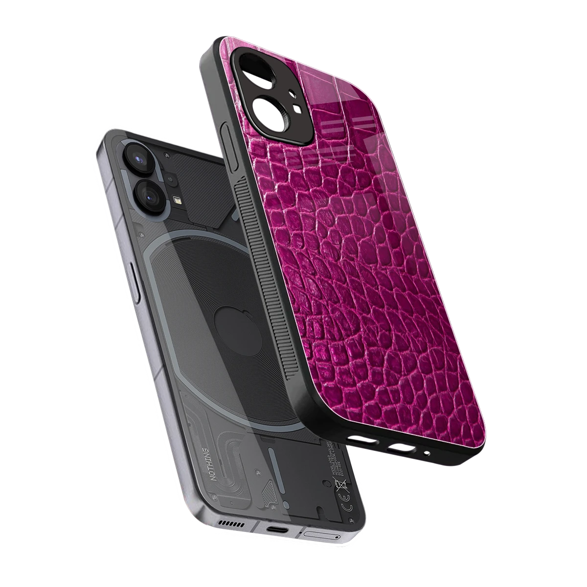 Croco Pink sleek nothing phone 1 cover with tempered glass back and TPU edges
