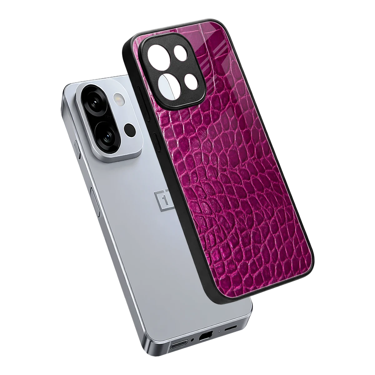 Croco Pink sleek oneplus 13s cover with tempered glass back and TPU edges