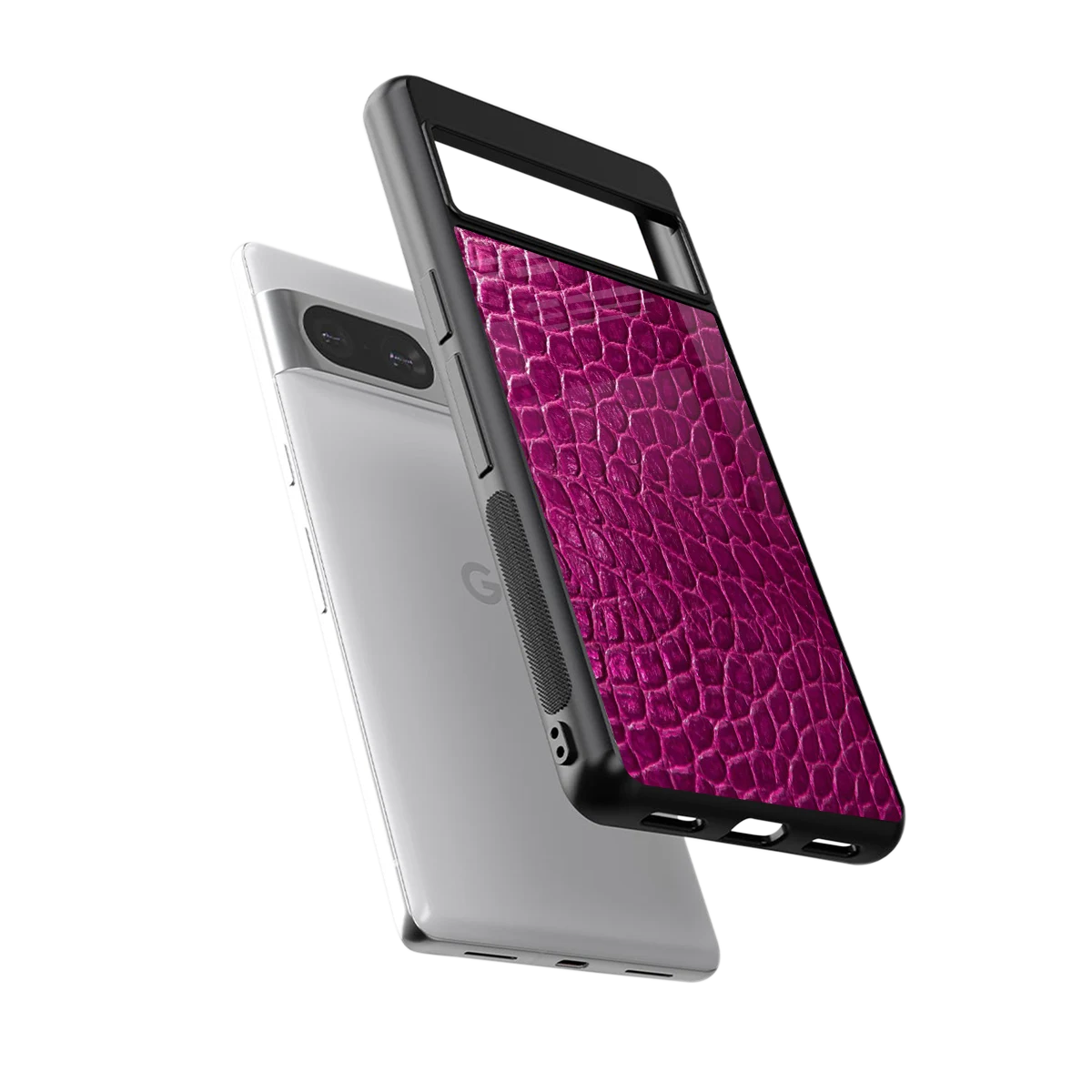 Croco Pink sleek google pixel 8 cover with tempered glass back and TPU edges