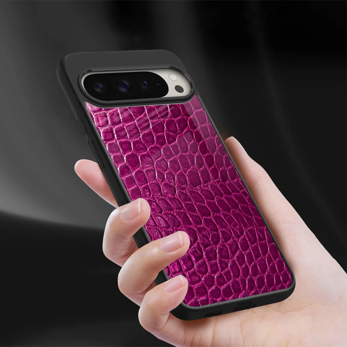 Croco Pink sleek google pixel 9 pro xl cover with tempered glass back and TPU edges