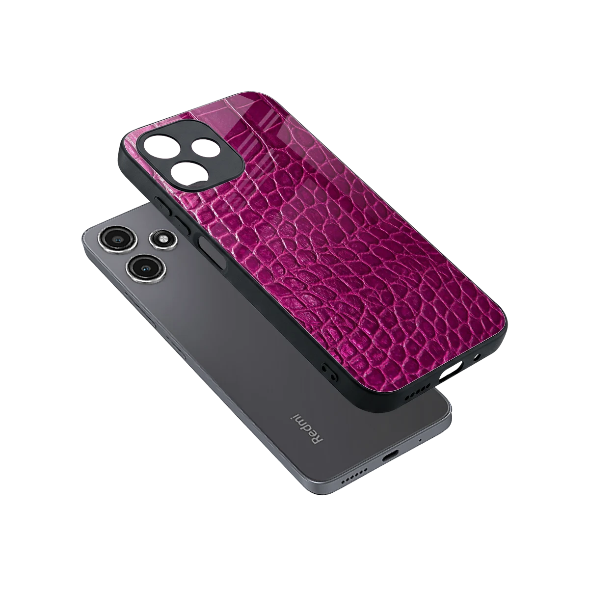 Croco Pink sleek redmi 12 5g cover with tempered glass back and TPU edges