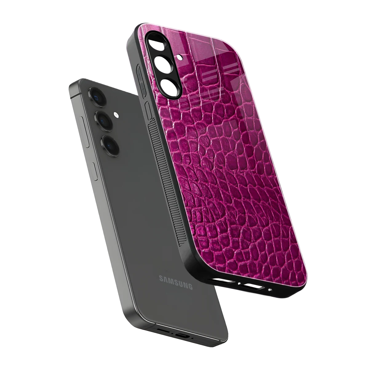 Croco Pink sleek samsung galaxy m35 5g cover with tempered glass back and TPU edges