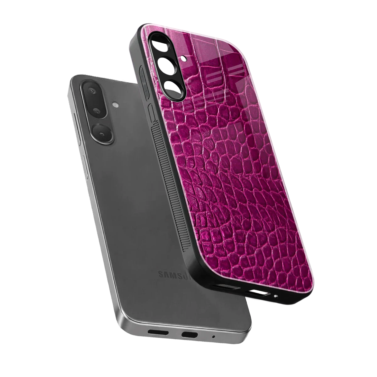 Croco Pink sleek samsung galaxy m56 5g cover with tempered glass back and TPU edges