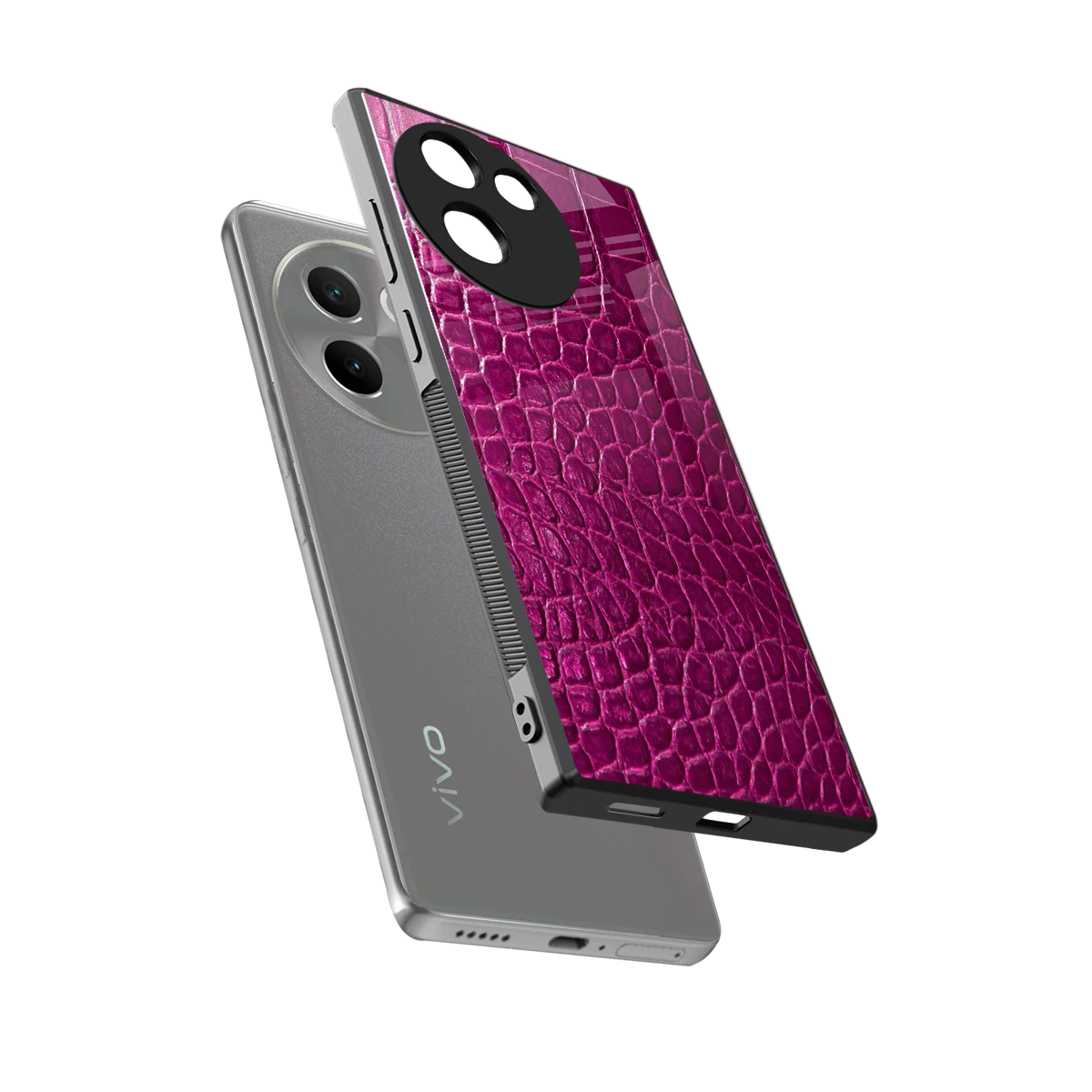 Croco Pink sleek vivo v30e cover with tempered glass back and TPU edges