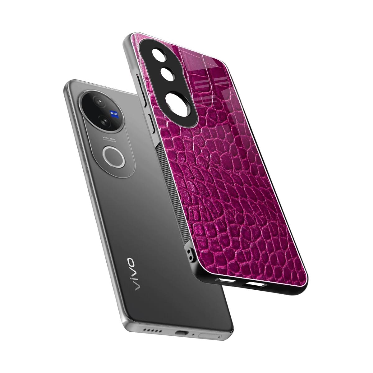 Croco Pink sleek vivo v50 cover with tempered glass back and TPU edges