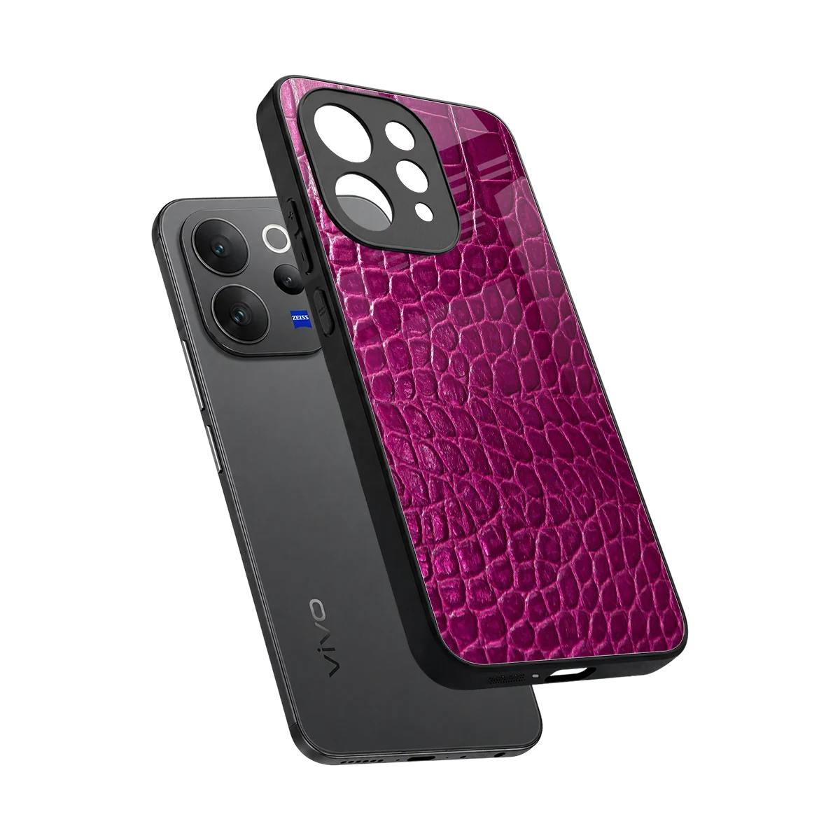 Croco Pink sleek vivo v70 cover with tempered glass back and TPU edges