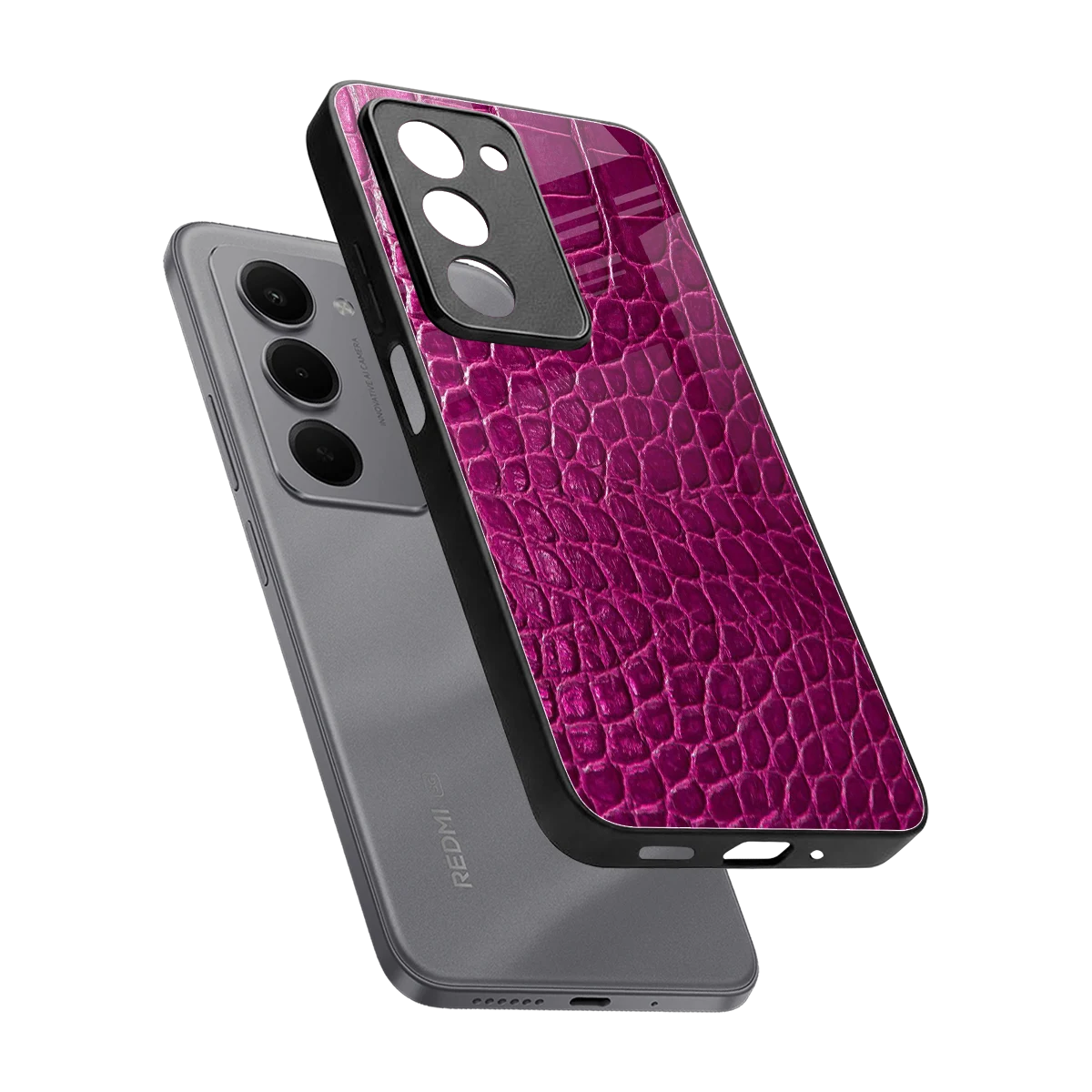 Croco Pink sleek redmi 15 5g cover with tempered glass back and TPU edges