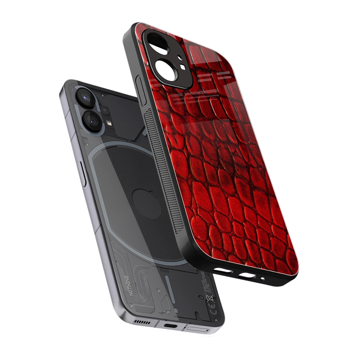 Croco Red sleek nothing phone 1 cover with tempered glass back and TPU edges