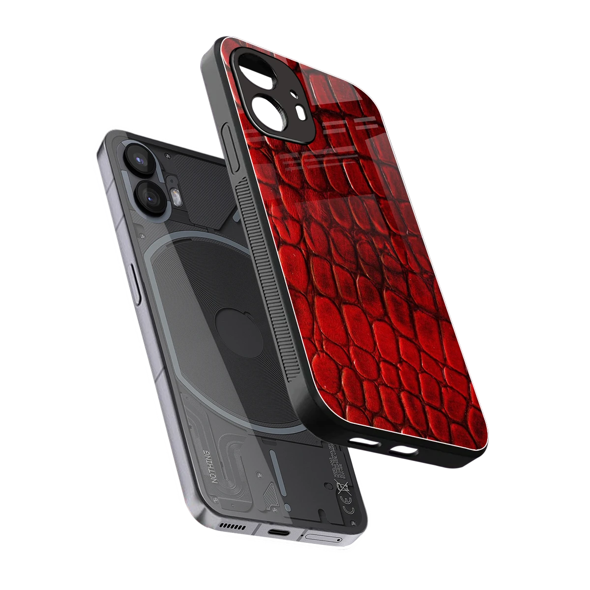 Croco Red sleek nothing phone 2 cover with tempered glass back and TPU edges
