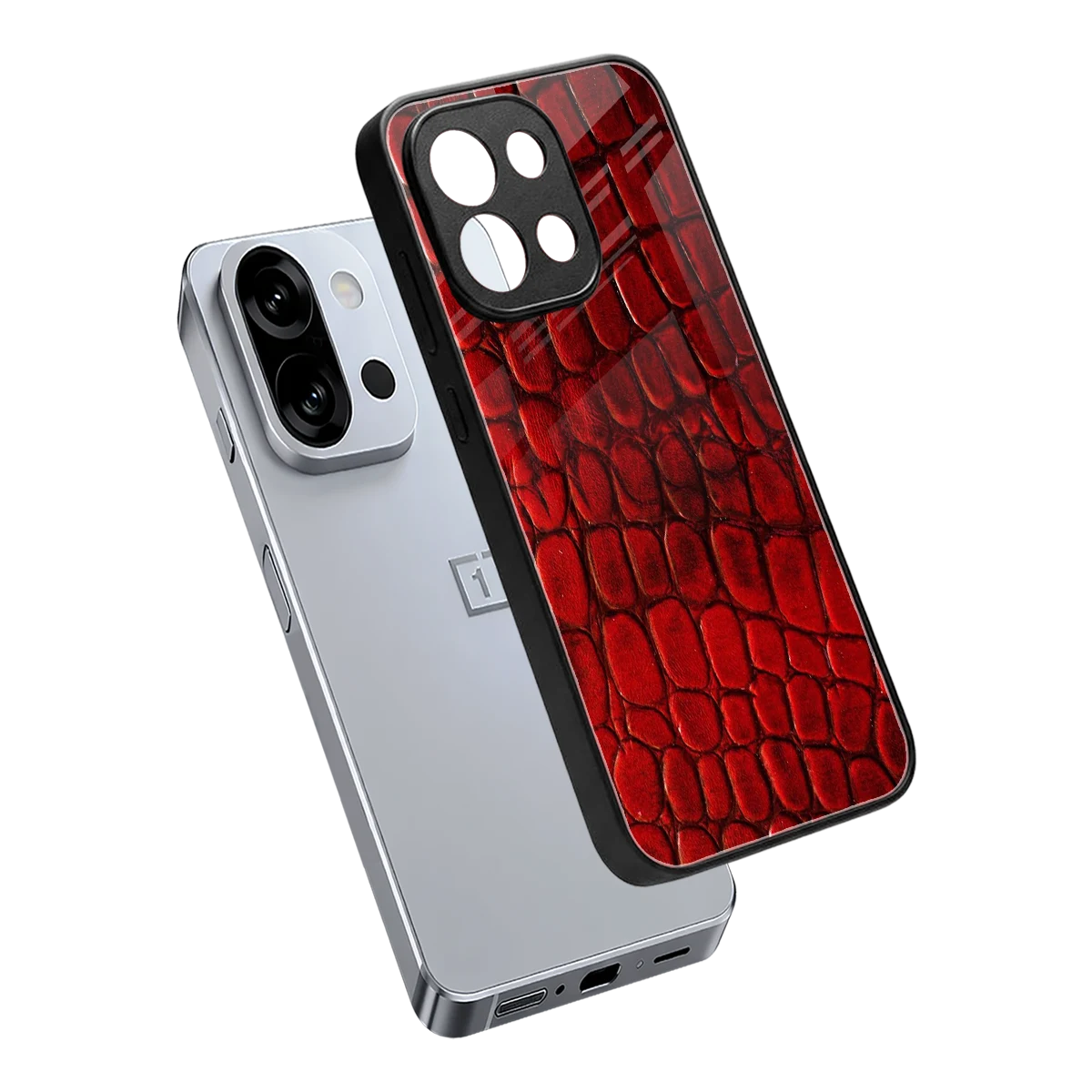 Croco Red sleek oneplus 13s cover with tempered glass back and TPU edges