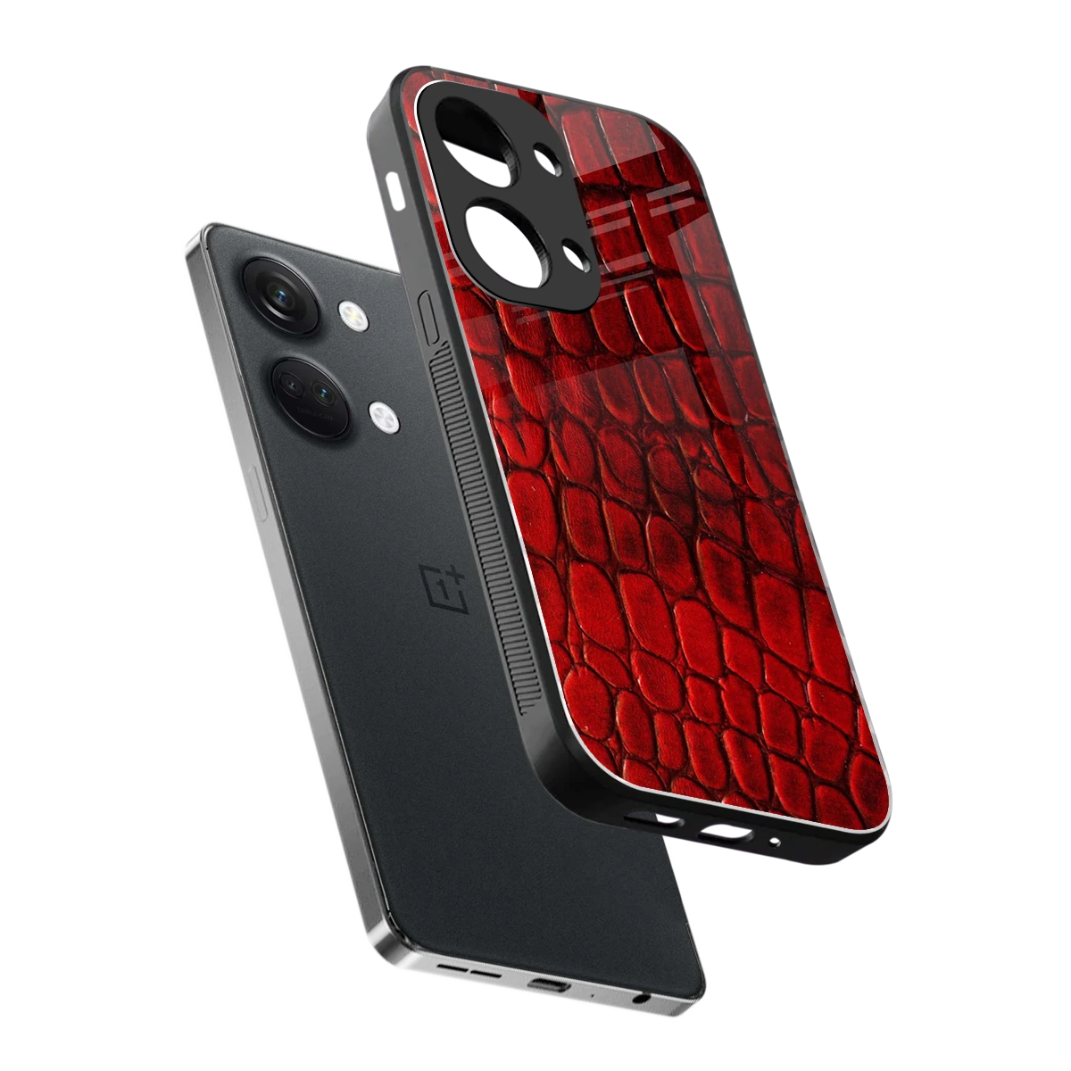 Croco Red sleek oneplus nord 3 cover with tempered glass back and TPU edges