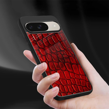 Croco Red sleek google pixel 9 cover with tempered glass back and TPU edges