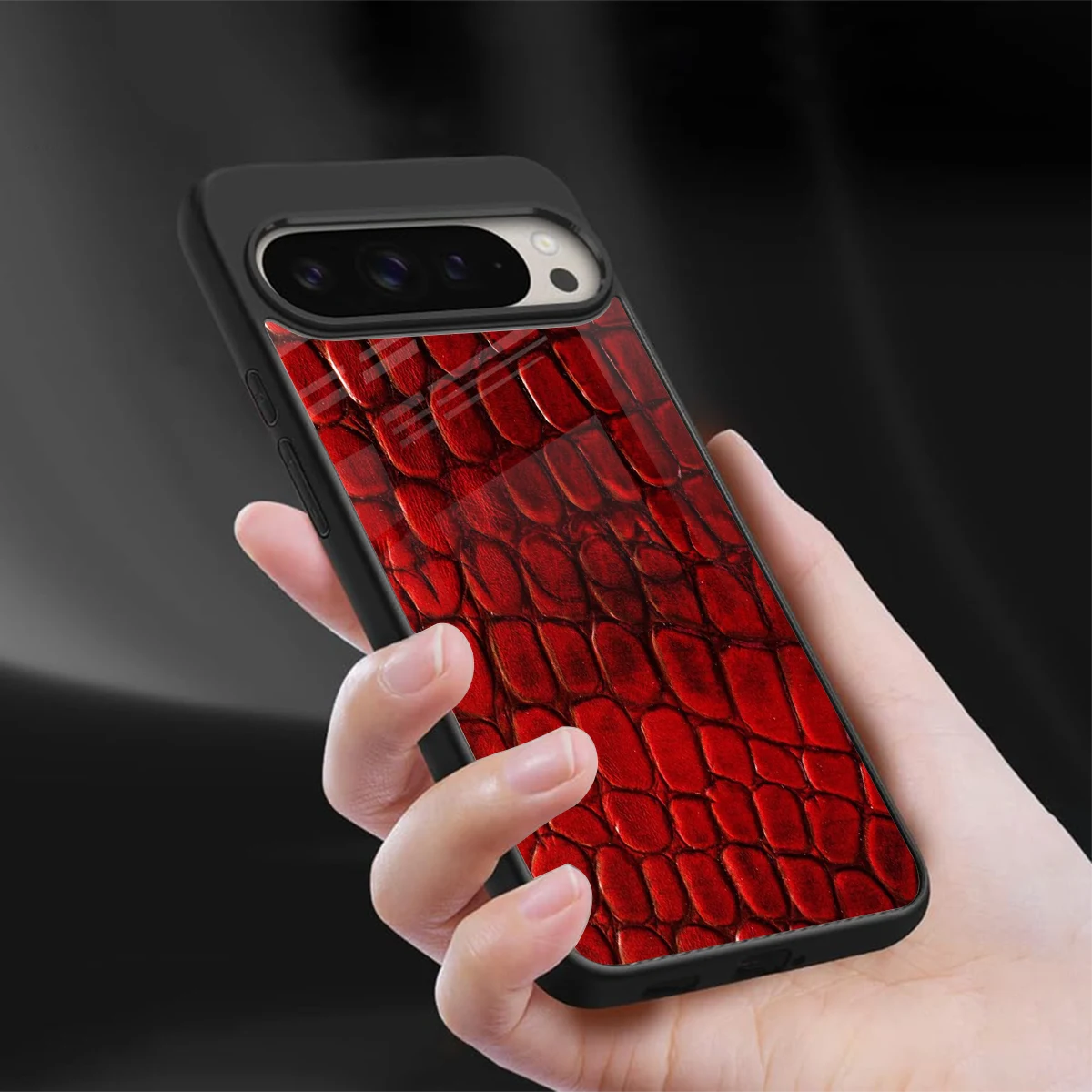 Croco Red sleek google pixel 9 pro xl cover with tempered glass back and TPU edges