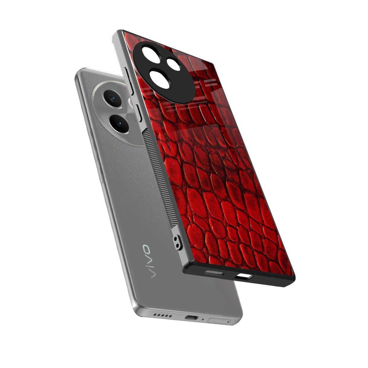 Croco Red sleek vivo v30e cover with tempered glass back and TPU edges