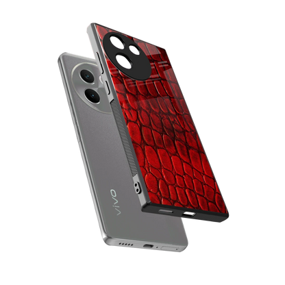 Croco Red sleek vivo v30e cover with tempered glass back and TPU edges