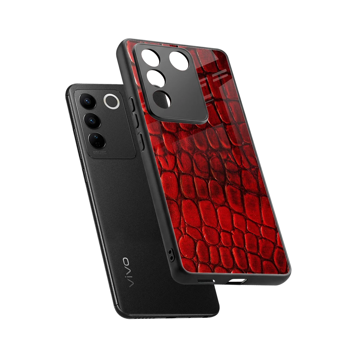 Croco Red sleek vivo v27 5g cover with tempered glass back and TPU edges