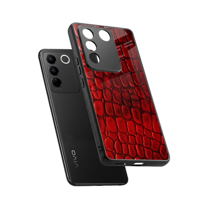 Croco Red sleek vivo v27 5g cover with tempered glass back and TPU edges