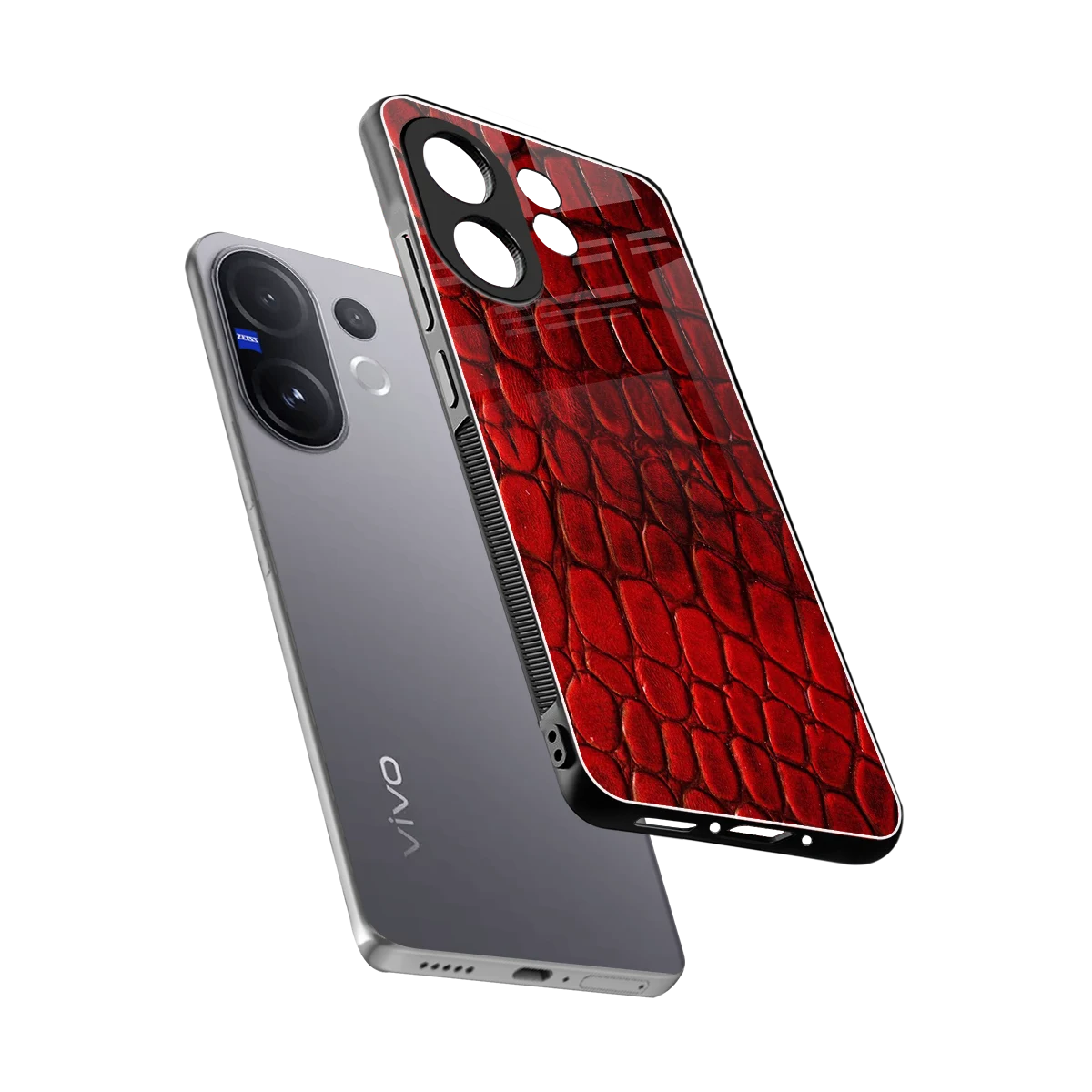 Croco Red sleek vivo v60 cover with tempered glass back and TPU edges