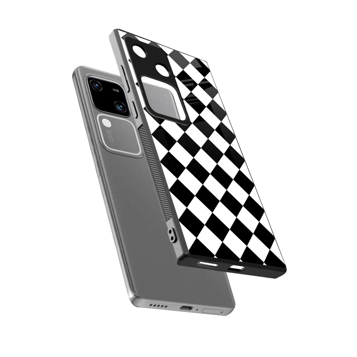 Diamond Check sleek vivo v30 cover with tempered glass back and TPU edges