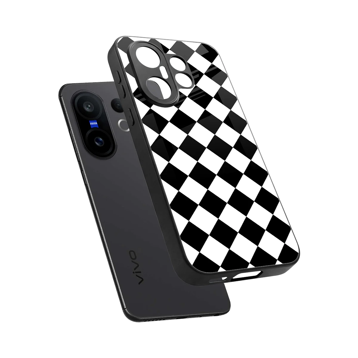 Diamond Check sleek vivo x200 fe cover with tempered glass back and TPU edges