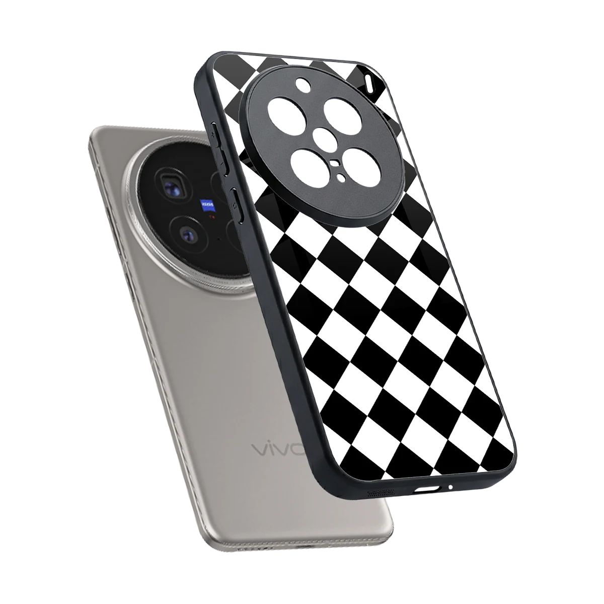 Diamond Check sleek vivo x200 pro cover with tempered glass back and TPU edges