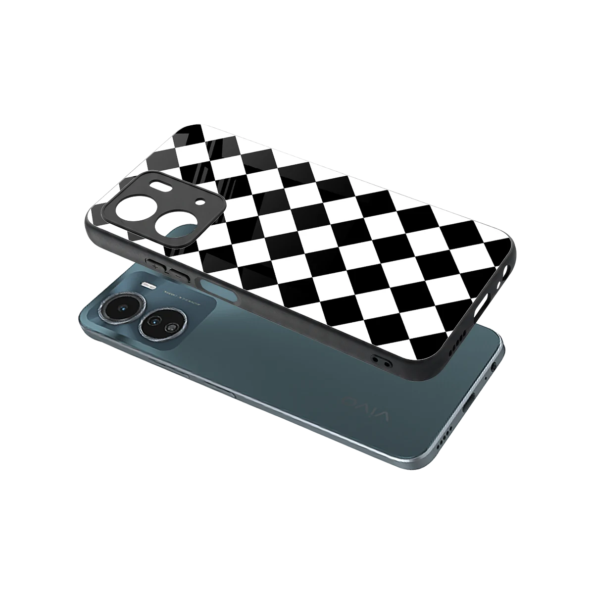 Diamond Check sleek vivo y16 cover with tempered glass back and TPU edges