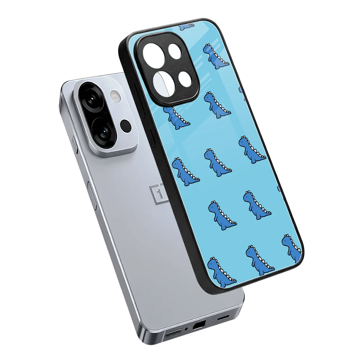 Dino Blue sleek oneplus 13s cover with tempered glass back and TPU edges