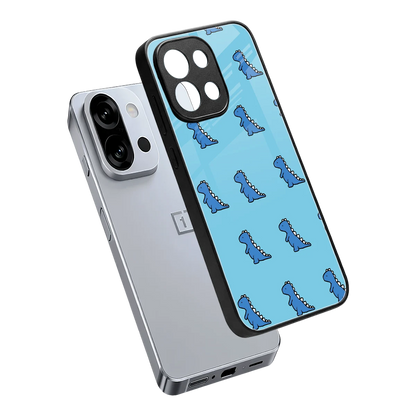 Dino Blue sleek oneplus 13s cover with tempered glass back and TPU edges