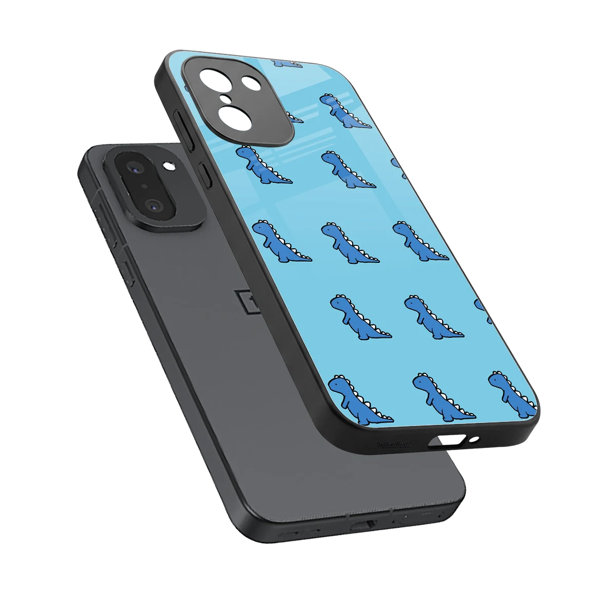 Dino Blue sleek oneplus 15r cover with tempered glass back and TPU edges