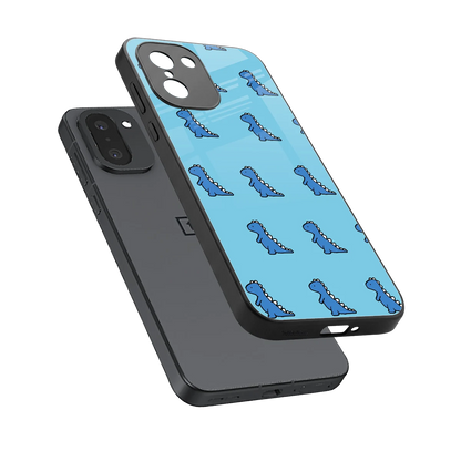 Dino Blue sleek oneplus 15r cover with tempered glass back and TPU edges