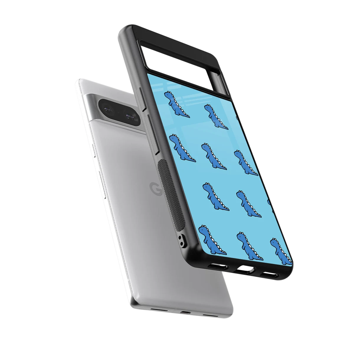 Dino Blue sleek google pixel 8 cover with tempered glass back and TPU edges