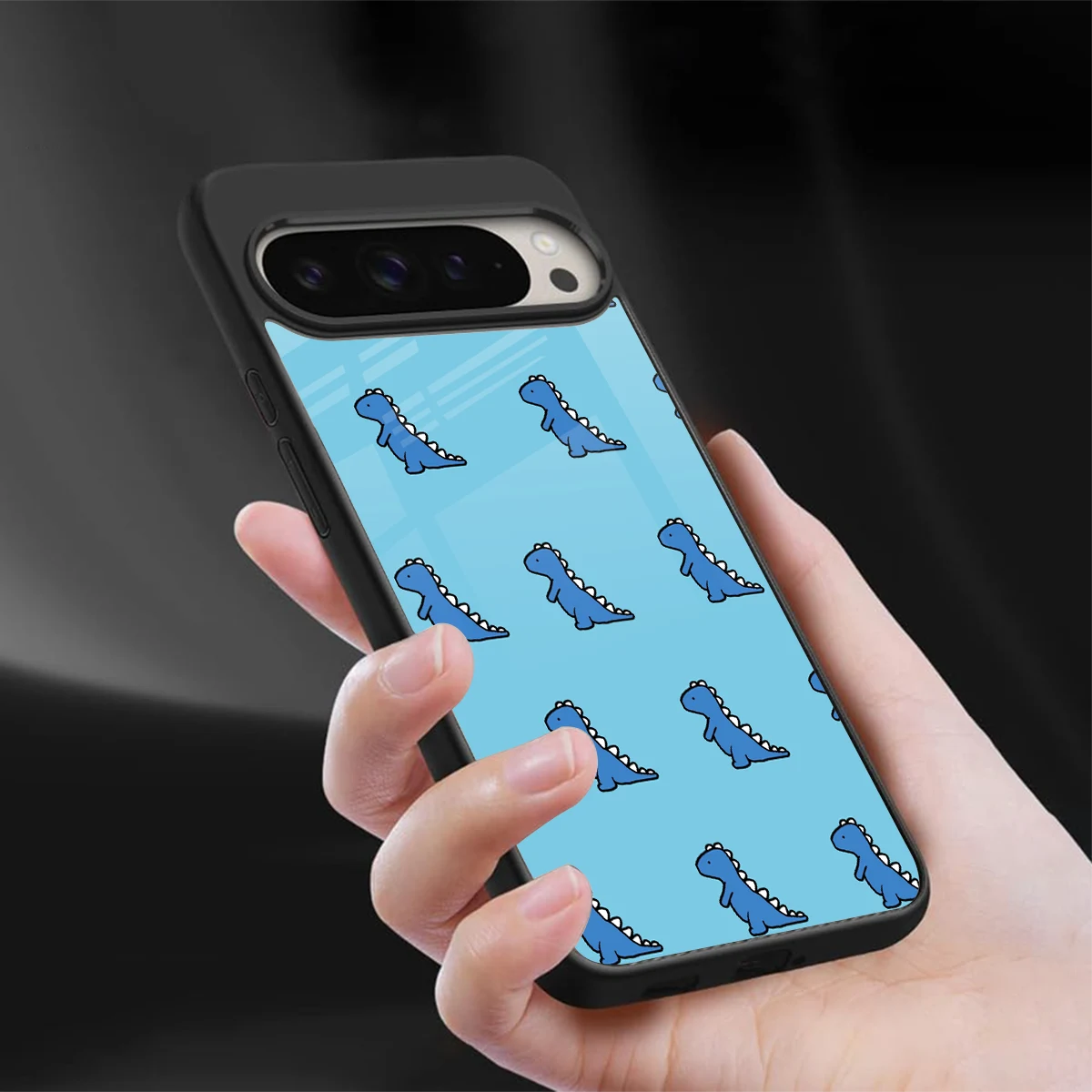 Dino Blue sleek google pixel 9 pro xl cover with tempered glass back and TPU edges