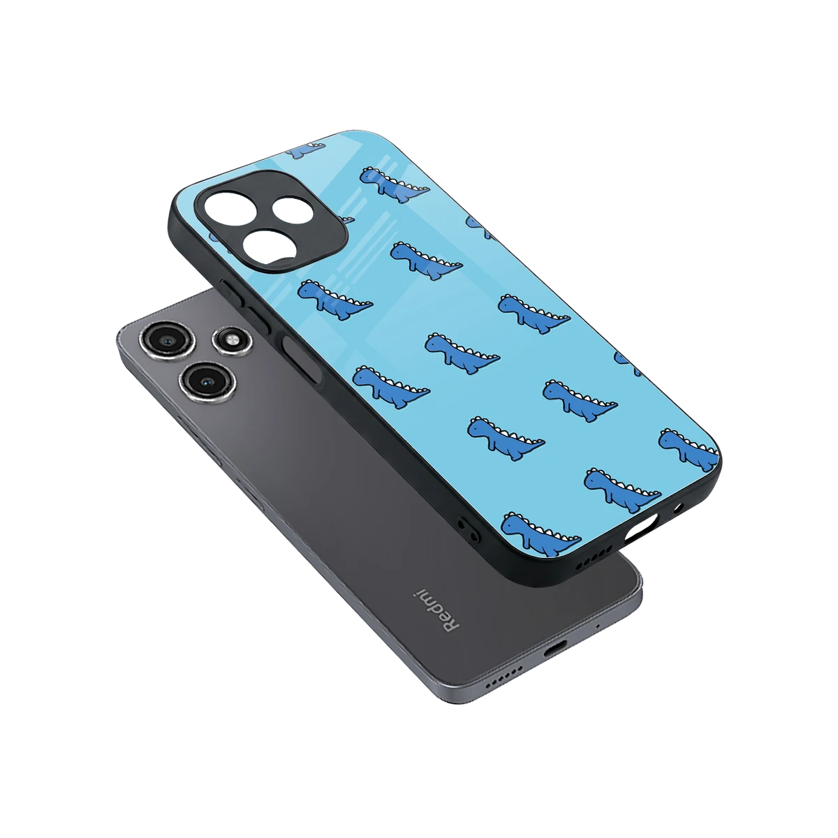 Dino Blue sleek redmi 12 5g cover with tempered glass back and TPU edges