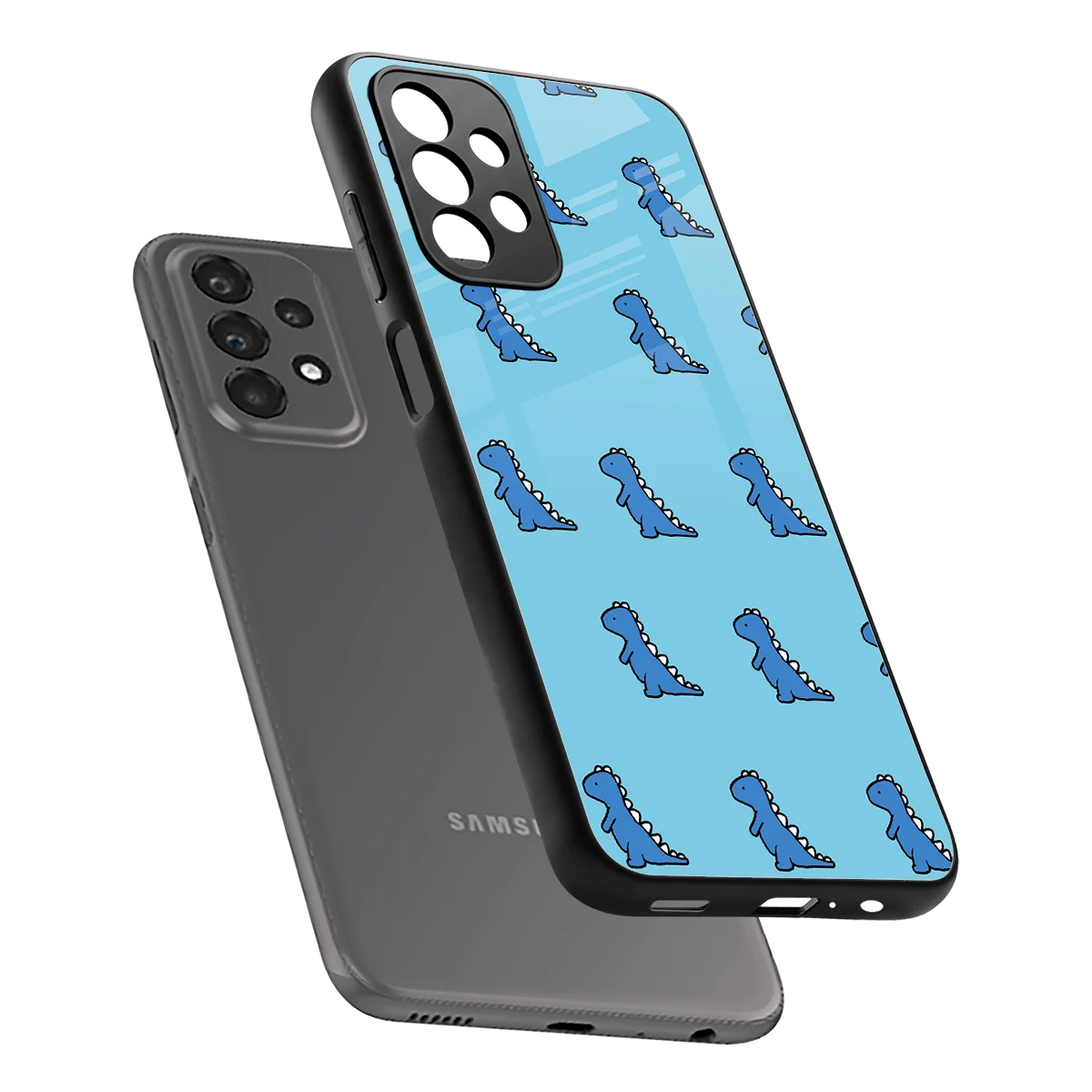 Dino Blue sleek samsung galaxy a23 cover with tempered glass back and TPU edges