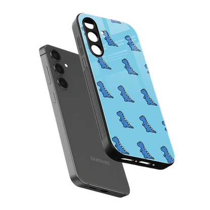 Dino Blue sleek samsung galaxy f34 5g cover with tempered glass back and TPU edges
