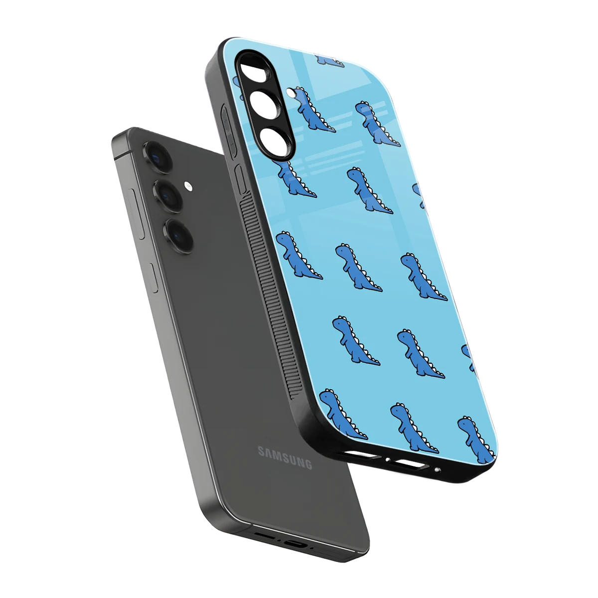Dino Blue sleek samsung galaxy f54 5g cover with tempered glass back and TPU edges