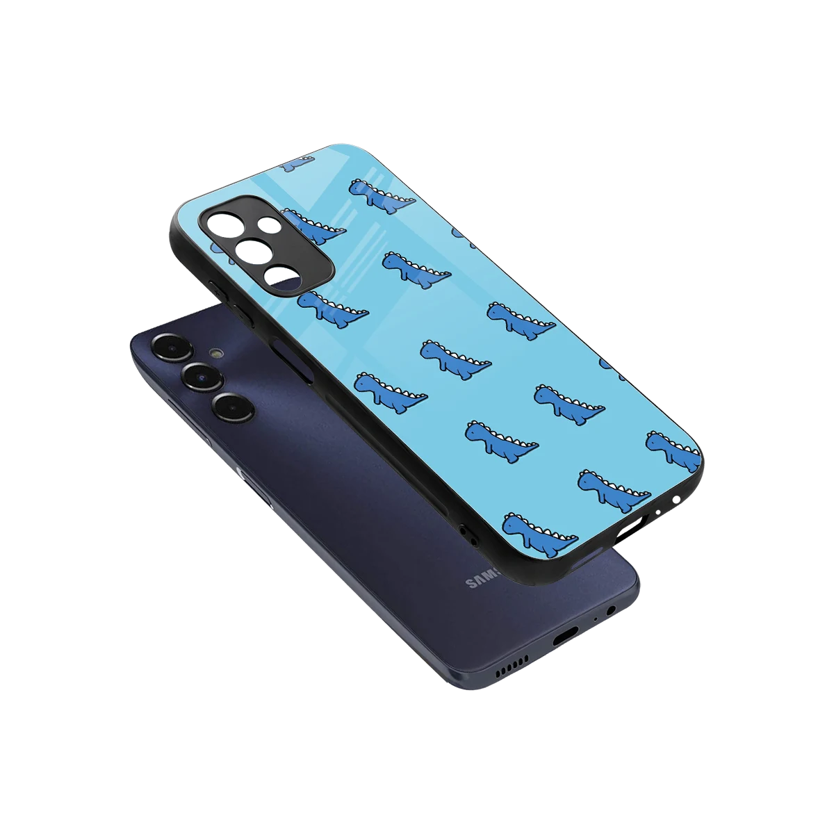 Dino Blue sleek samsung galaxy m14 5g cover with tempered glass back and TPU edges