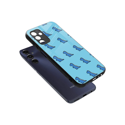 Dino Blue sleek samsung galaxy m14 5g cover with tempered glass back and TPU edges