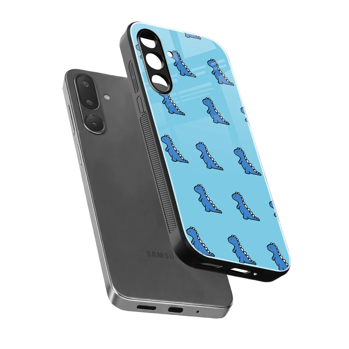 Dino Blue sleek samsung galaxy m16 5g cover with tempered glass back and TPU edges