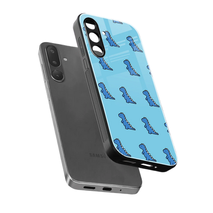 Dino Blue sleek samsung galaxy m16 5g cover with tempered glass back and TPU edges
