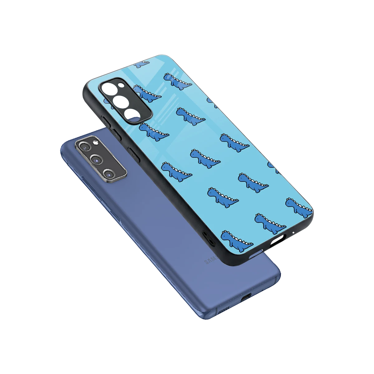 Dino Blue sleek samsung galaxy s20 fe cover with tempered glass back and TPU edges