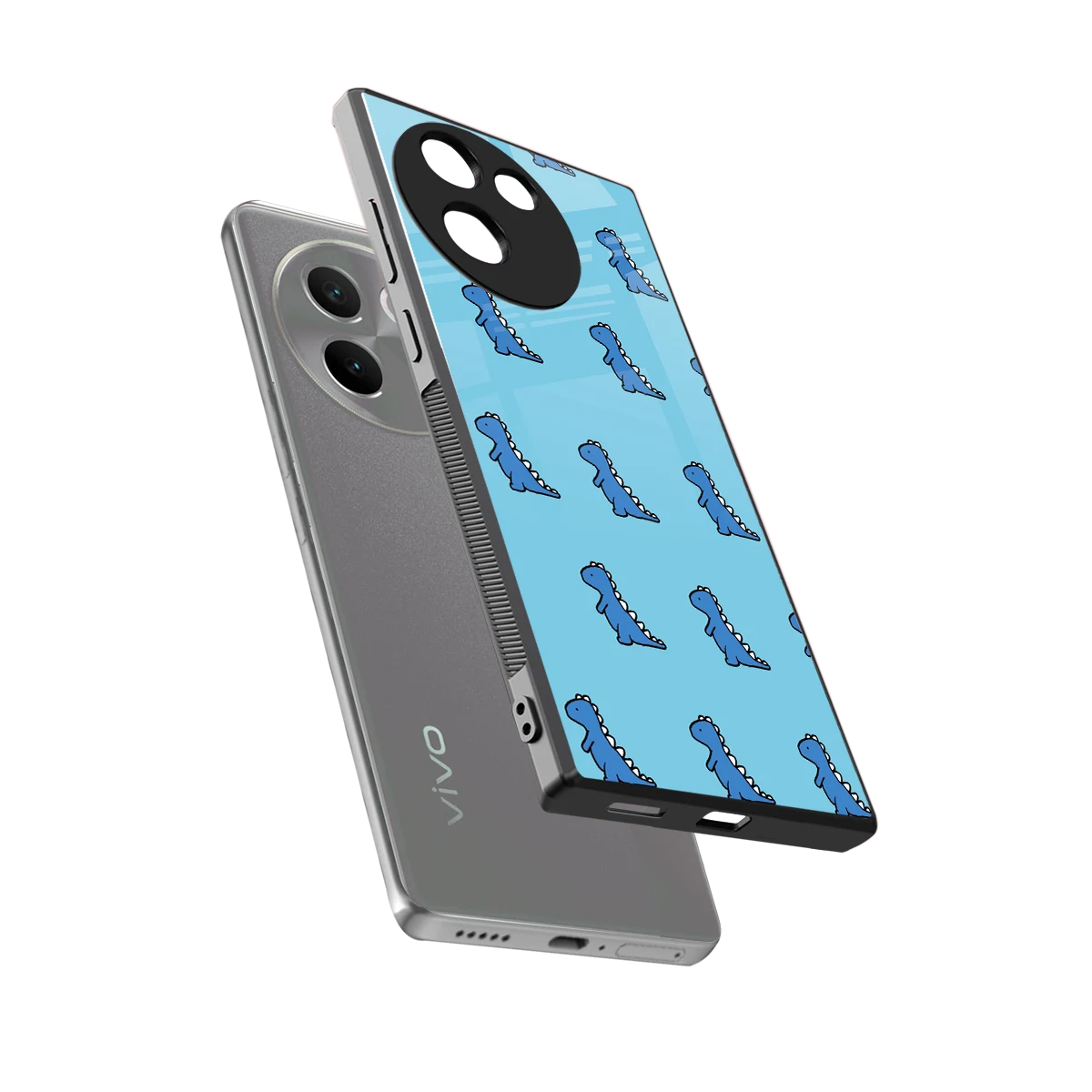 Dino Blue sleek vivo v30e cover with tempered glass back and TPU edges