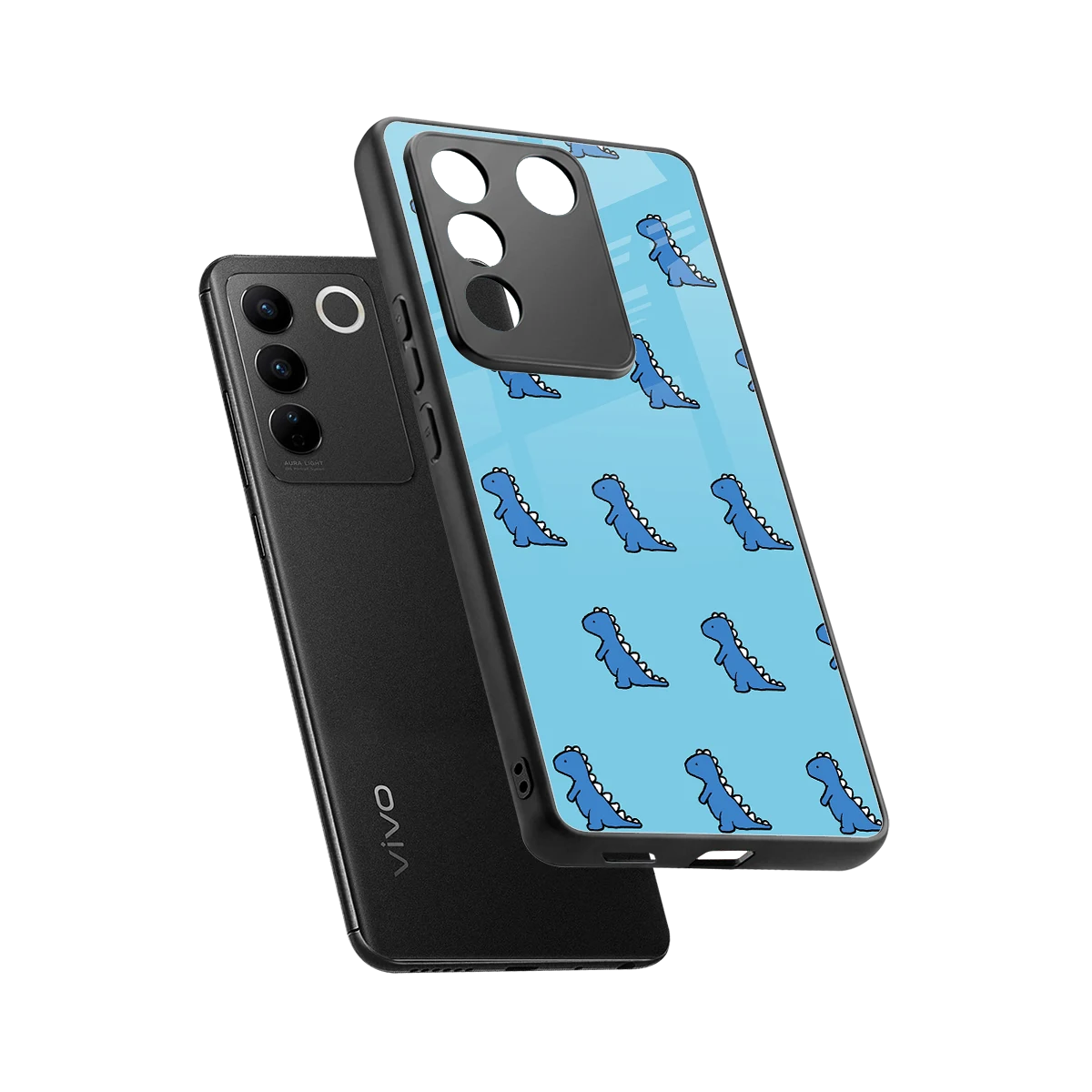 Dino Blue sleek vivo v27 5g cover with tempered glass back and TPU edges