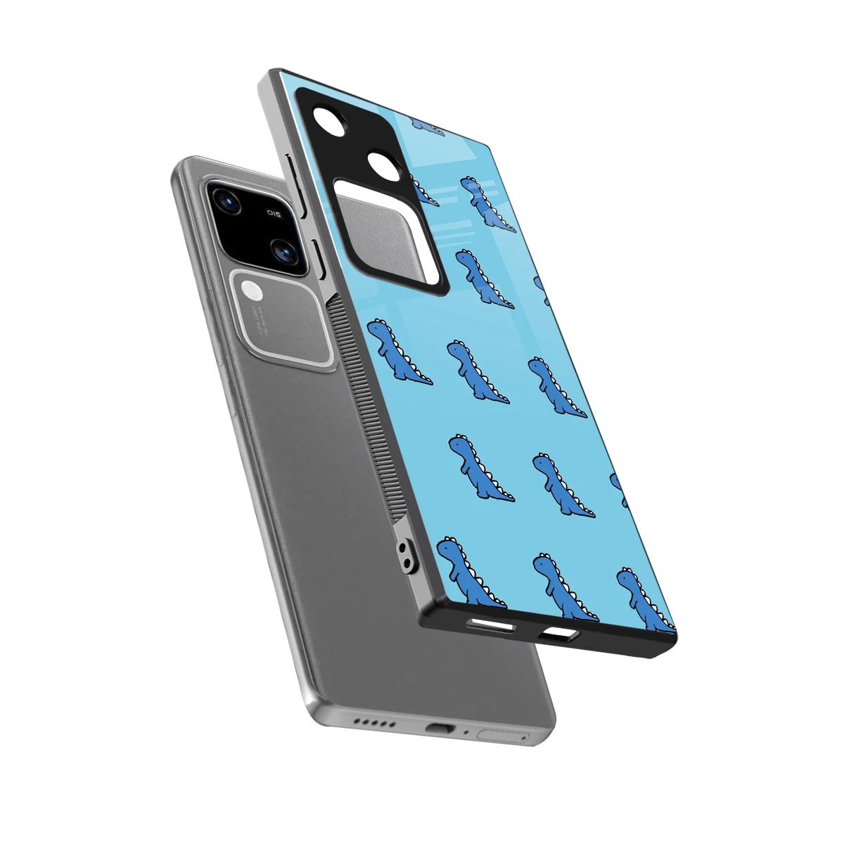 Dino Blue sleek vivo v30 cover with tempered glass back and TPU edges