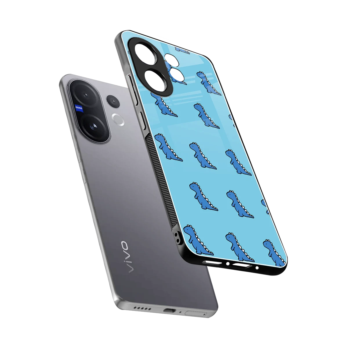 Dino Blue sleek vivo v60 cover with tempered glass back and TPU edges