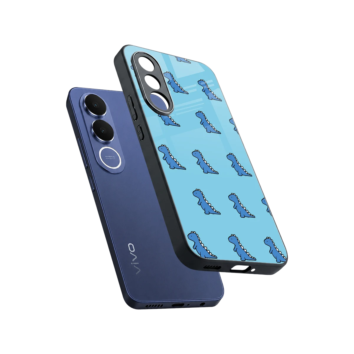 Dino Blue sleek vivo v70 fe cover with tempered glass back and TPU edges