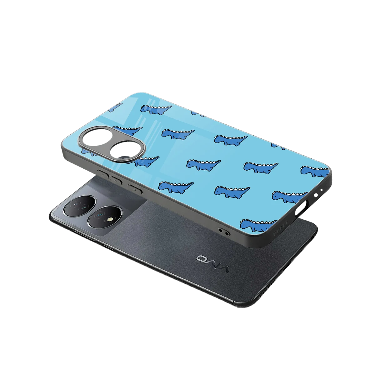 Dino Blue sleek Vivo-y100 cover with tempered glass back and TPU edges